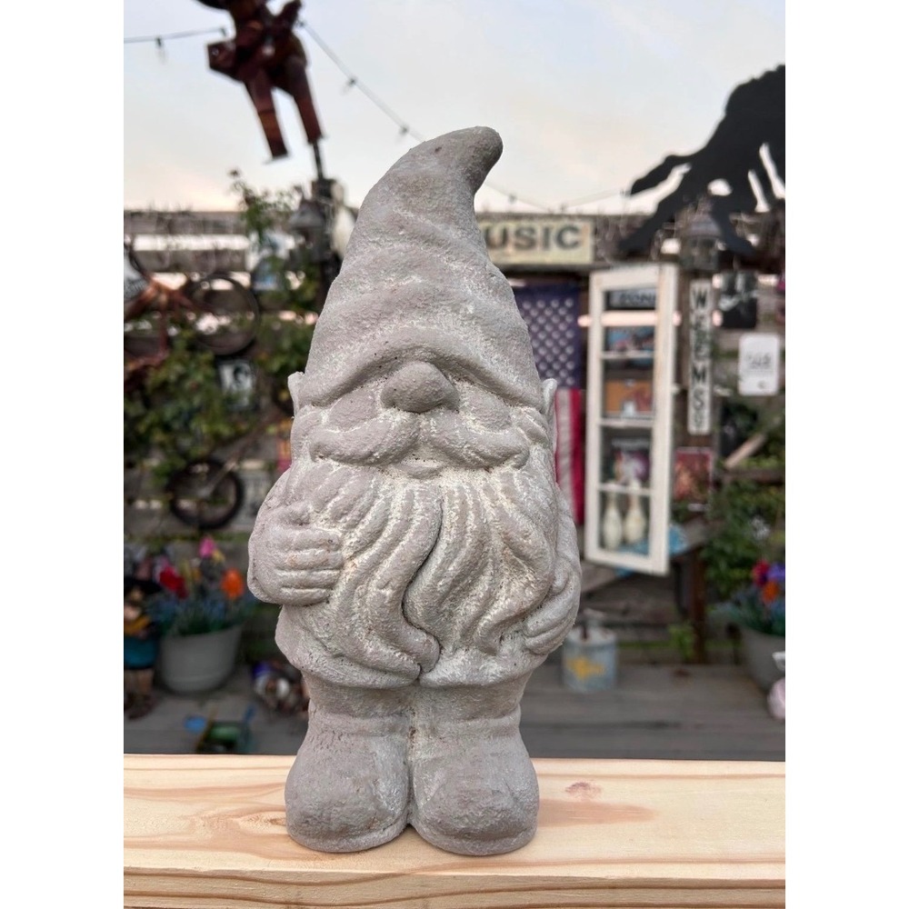 Vintage Concrete Garden Gnome Statue Cast Stone Outdoor Lawn Ornament 12.5 Inch
